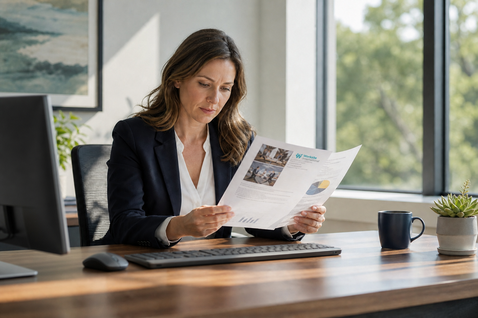 Woman With Computer And Logo Reviewing Report At Desk